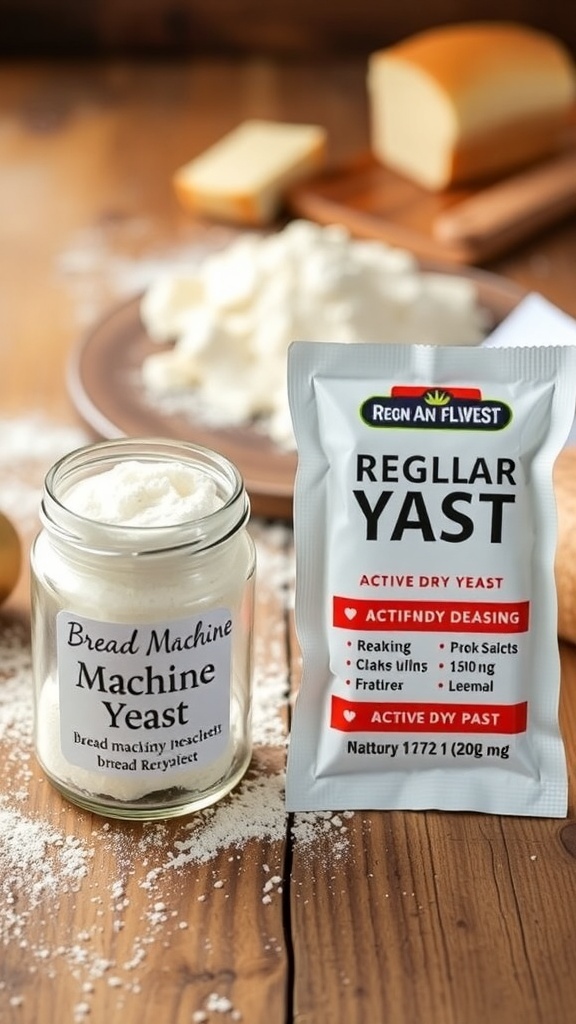 Comparison of bread machine yeast and regular yeast on a wooden table with baking ingredients.